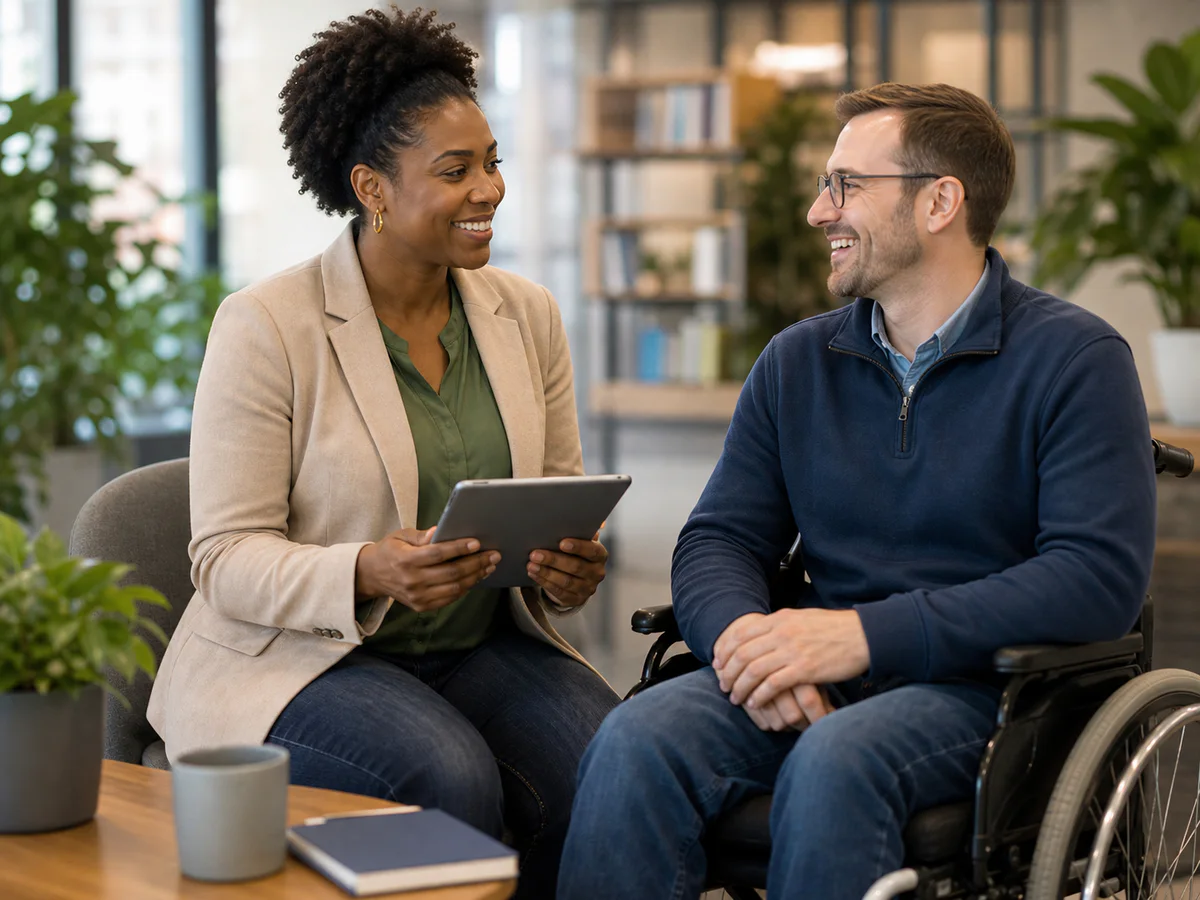 An employment specialist speaking with a man using a wheelchair